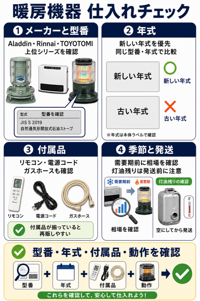 中古暖房機器の仕入れチェック図解
