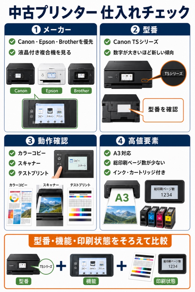 中古プリンターの仕入れチェック図解