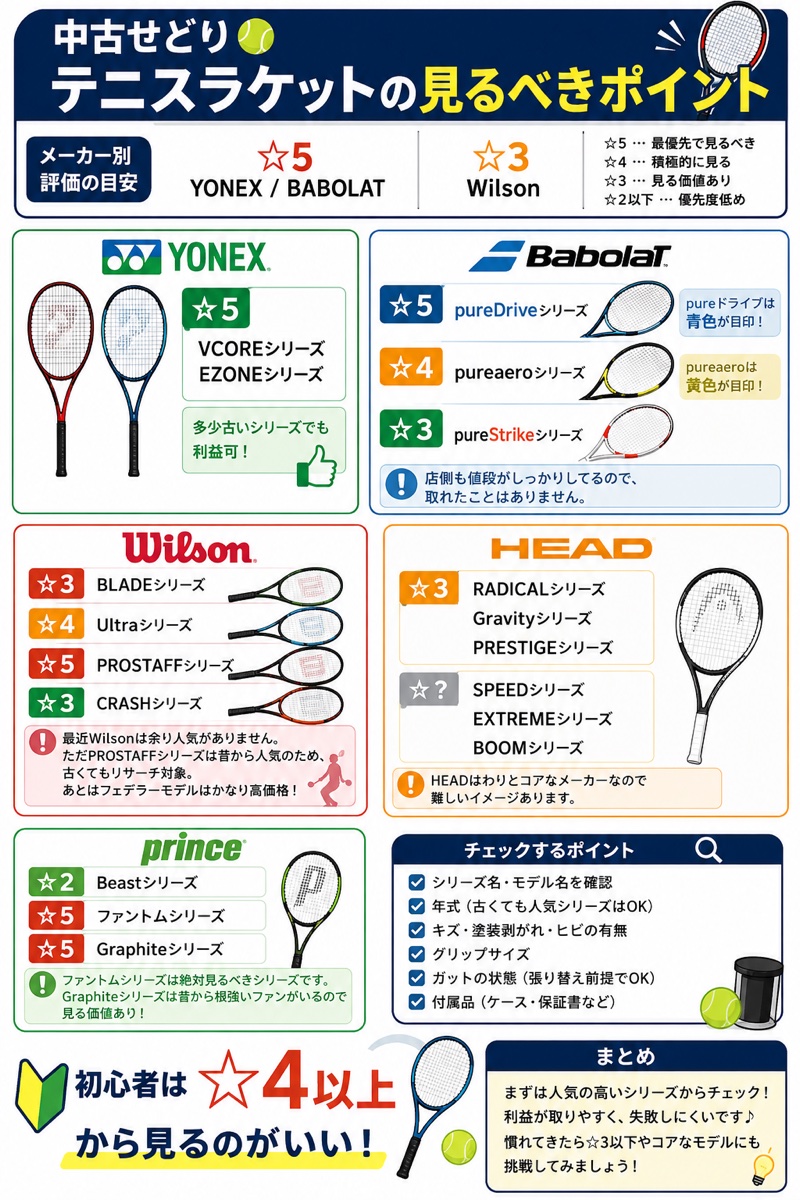 テニスラケット メーカー別・シリーズ別の見るべきポイント（図解）